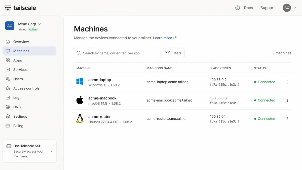 The Tailscale admin console Machines tab listing a Windows laptop, a MacBook and a Linux subnet router, each with a MagicDNS name and a Connected status.
