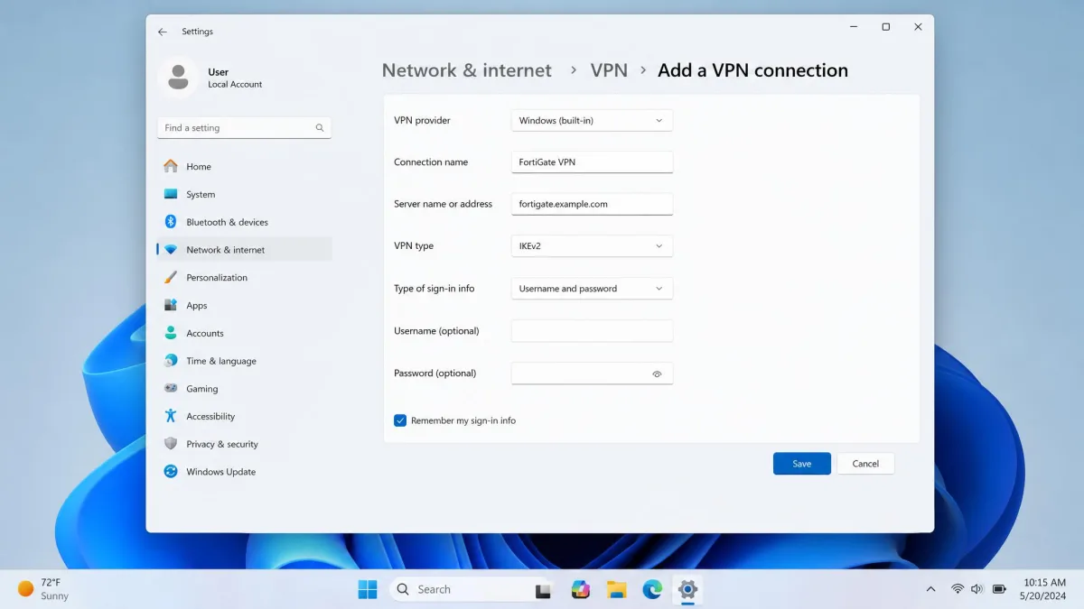 The Windows 11 Add a VPN connection dialog with Windows (built-in) as the provider, IKEv2 as the VPN type and a FortiGate hostname in the server address field.