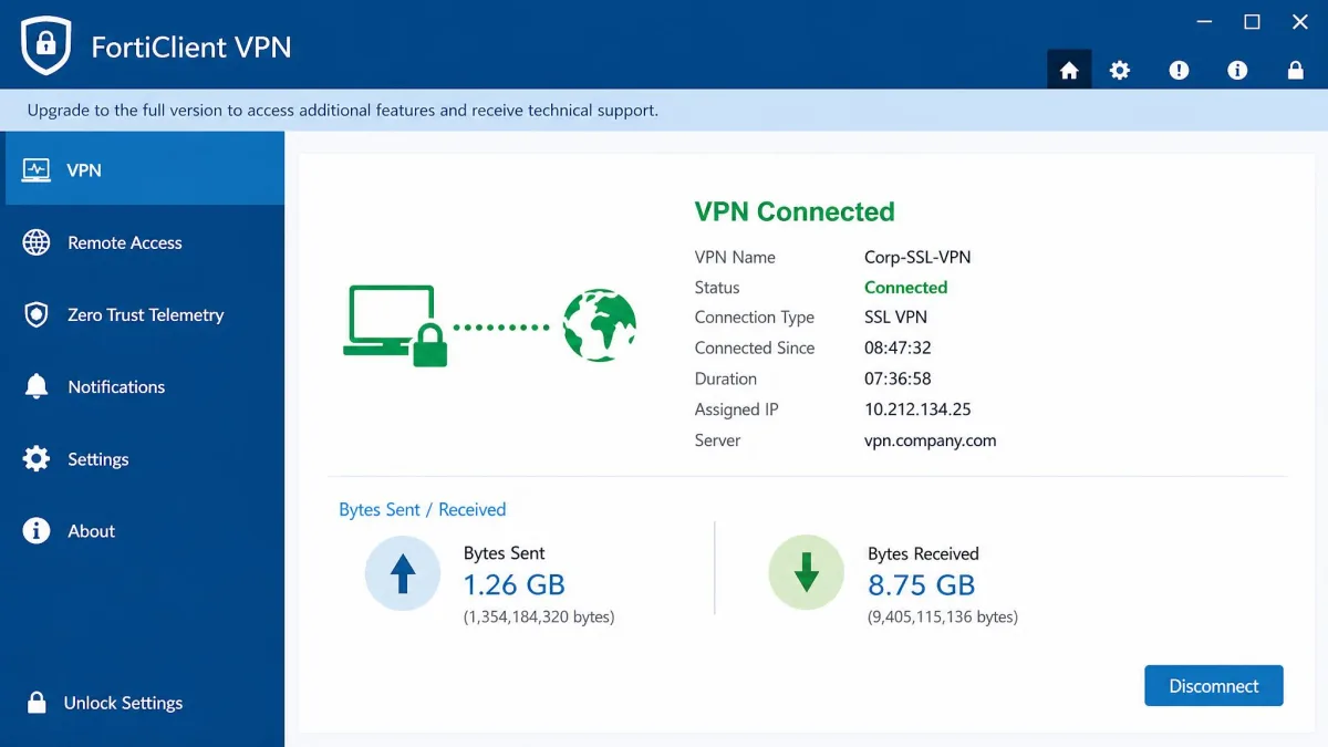 FortiClient VPN status panel showing an active SSL tunnel with connected duration, assigned IP address, and bytes sent and received counters during a long work session.