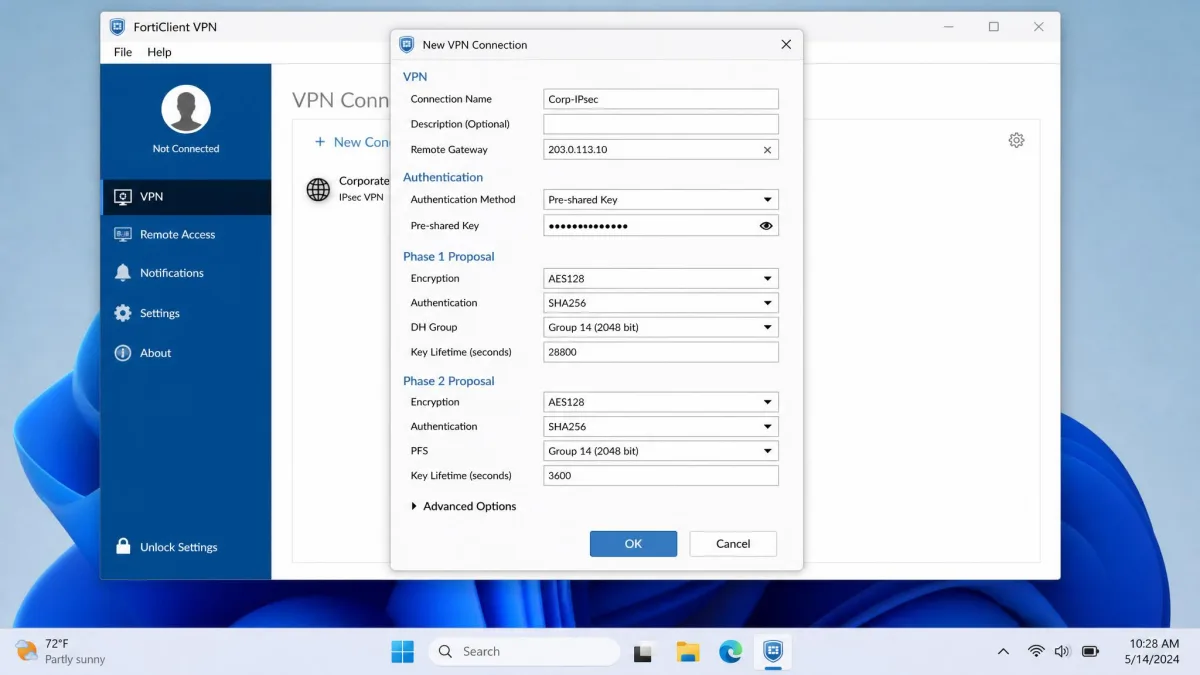 FortiClient VPN new IPsec connection editor showing remote gateway, authentication method, and Phase 1 and Phase 2 proposal fields on a Windows laptop.