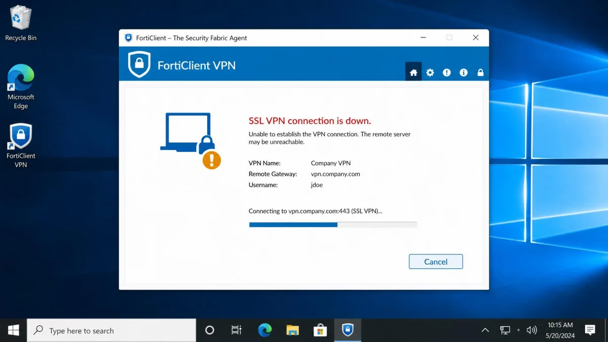 FortiClient VPN error dialog reading SSL VPN connection is down with the connection progress bar stalled partway on a Windows desktop.