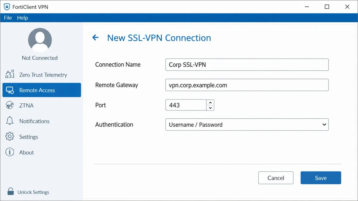 FortiClient VPN new SSL-VPN connection form with the connection name, remote gateway address, port, and authentication method fields filled in on Windows.