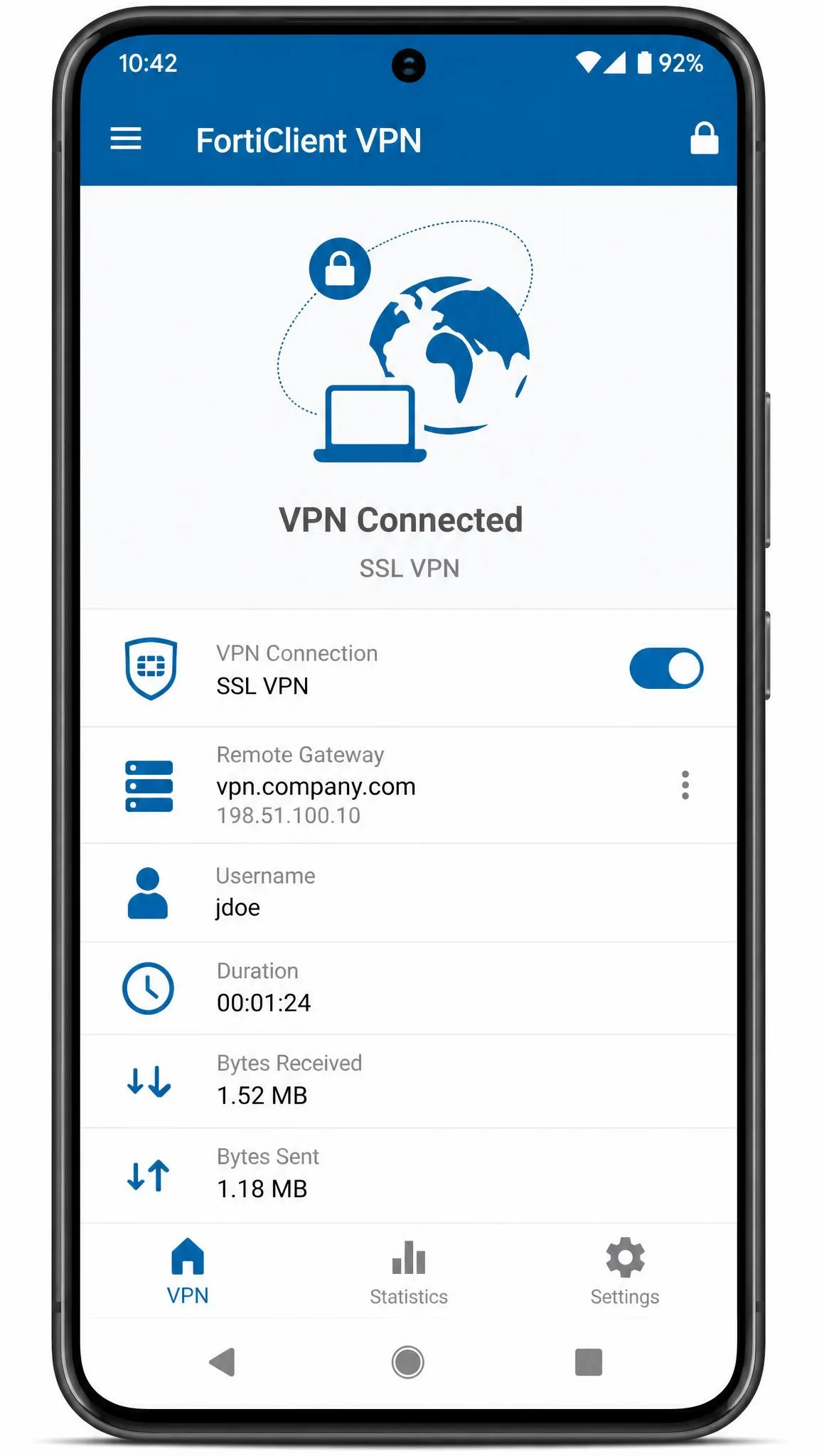 FortiClient VPN Android app showing a configured SSL VPN tunnel to a FortiGate gateway with the connection toggle and server address on a phone screen.