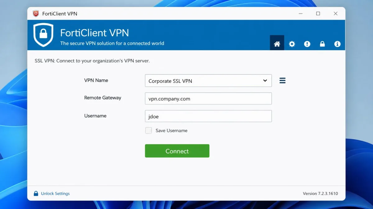 FortiClient VPN free client main window on Windows 11 showing a saved SSL VPN connection profile, the remote gateway field, username field, and a green Connect button.