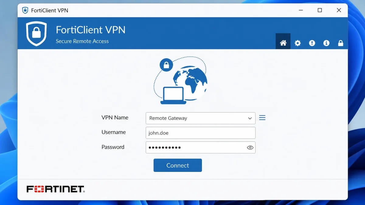FortiClient VPN main connection window on Windows 11 showing the remote gateway field, username and password inputs, and a Connect button with the Fortinet logo in the corner.