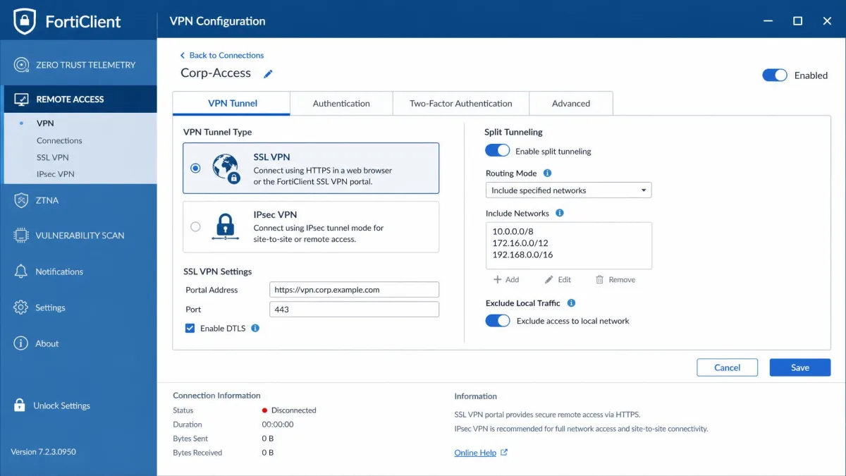 FortiClient VPN configuration screen showing SSL and IPsec tunnel options, split-tunneling toggle, and two-factor authentication settings in a tabbed panel.