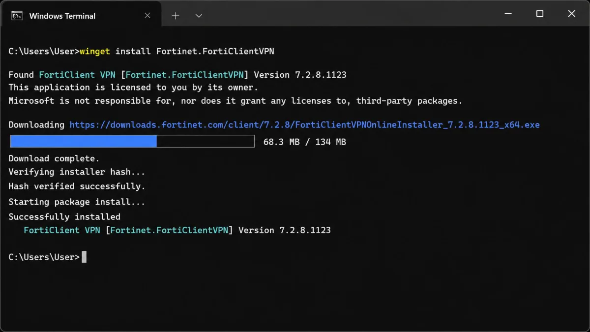 Windows terminal showing the winget install command for the Fortinet.FortiClientVPN package with the download and installation progress output.