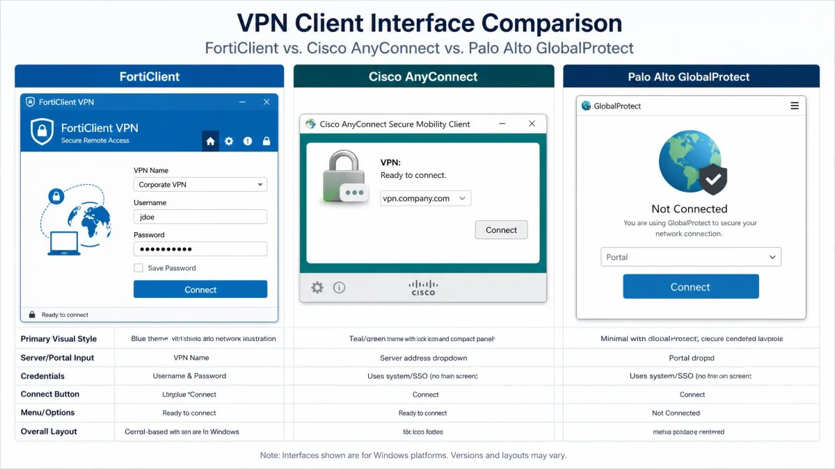 Comparison graphic lining up the FortiClient, Cisco AnyConnect, and Palo Alto GlobalProtect VPN client interfaces side by side to contrast their connection screens.