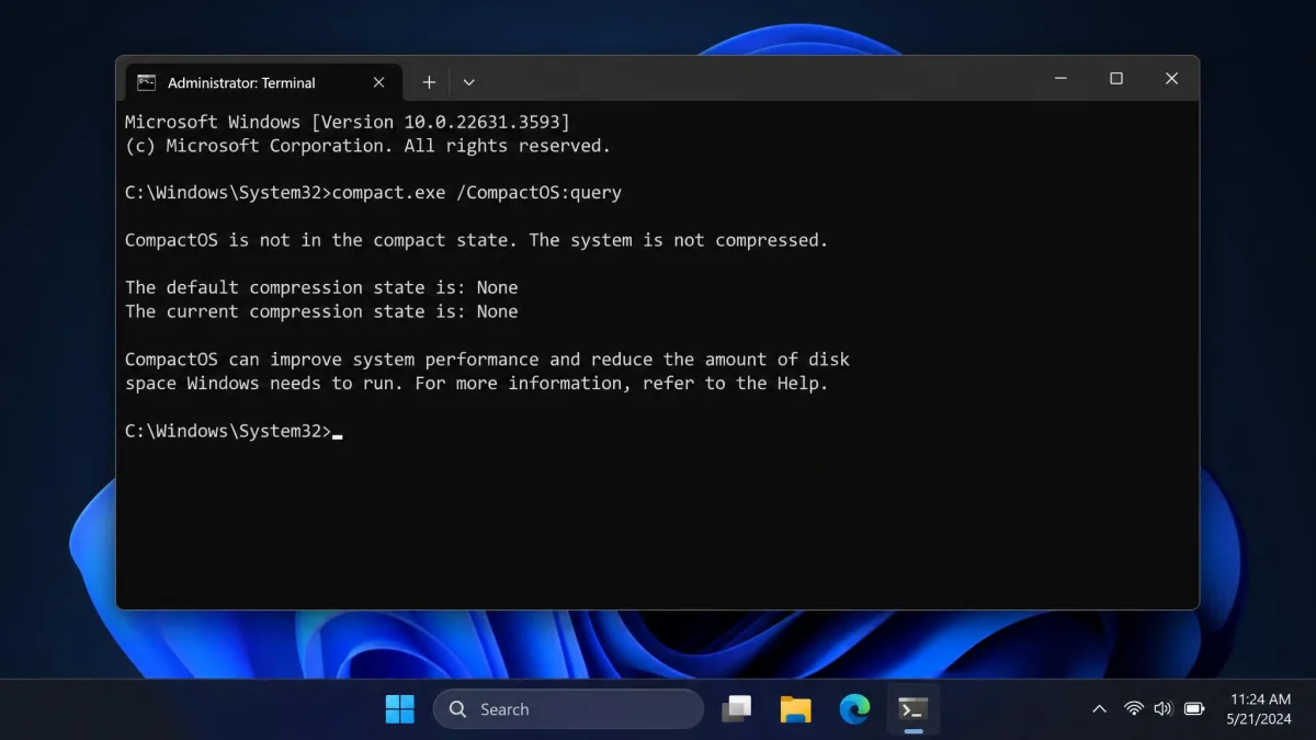 Administrator Terminal running compact.exe /CompactOS:query and reporting that the system is not in the compact state on Windows 11.