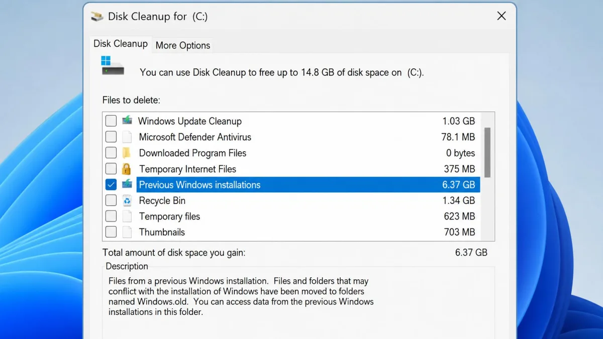 Disk Cleanup system files list with the Previous Windows installations category highlighted and a multi-gigabyte size next to it.