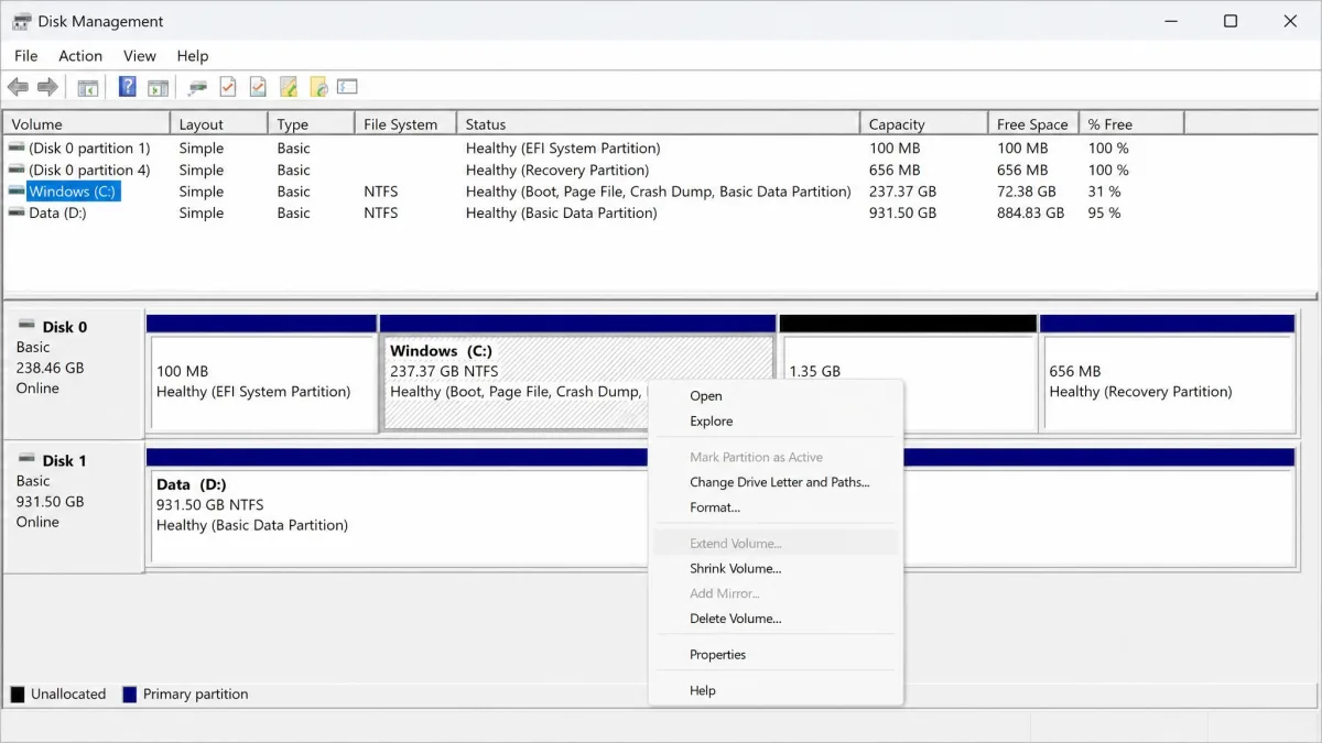 Windows Disk Management with the C partition selected, the right-click menu open and Extend Volume greyed out beside unallocated space.