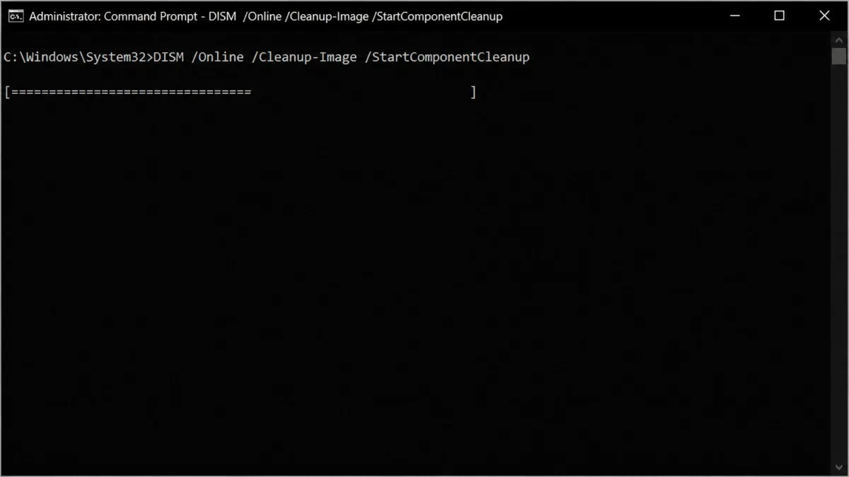 Administrator Terminal running DISM StartComponentCleanup with the progress bar part way across and no other output on screen.