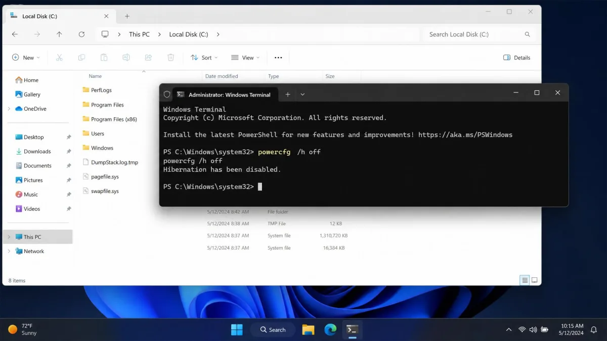 Elevated Windows Terminal window running powercfg /h off, with the C drive root visible behind it and hiberfil.sys no longer listed.
