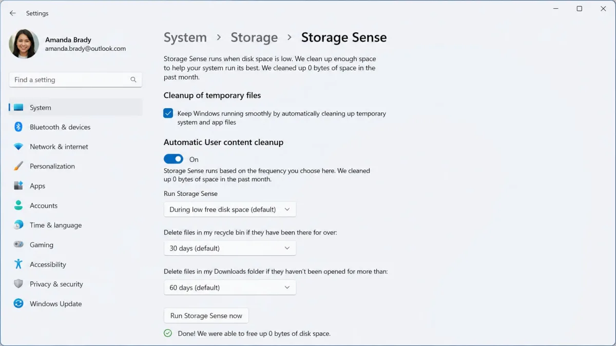 Windows 11 Storage Sense settings page showing the cleanup cadence dropdown and the Recycle Bin and Downloads interval menus.