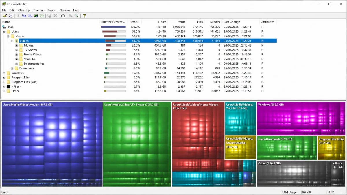 WinDirStat treemap view of a Windows C drive with large coloured blocks representing video files and the matching folder tree above.
