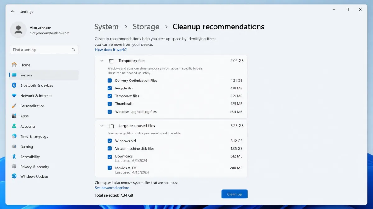 Windows 11 Cleanup recommendations screen with the Temporary files and Large or unused files groups expanded and sizes listed.