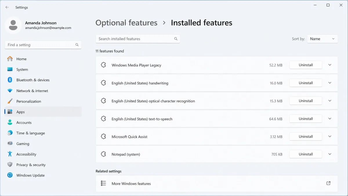 Windows Optional features page listing installed items such as Windows Media Player Legacy and handwriting packs with Uninstall buttons.
