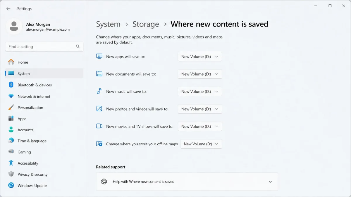 Windows Where new content is saved settings page with drop-down menus assigning new apps and documents to a second drive.