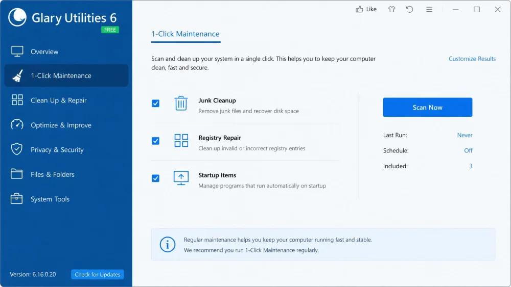 The Glary Utilities 6 main dashboard on Windows showing the 1-Click Maintenance tab with checkboxes for junk cleanup, registry repair and startup items, plus the left-hand tool categories.