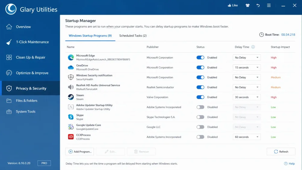 The Glary Utilities startup manager listing Windows startup programs with enable and disable toggles and a delay column, used to cut boot-time load.