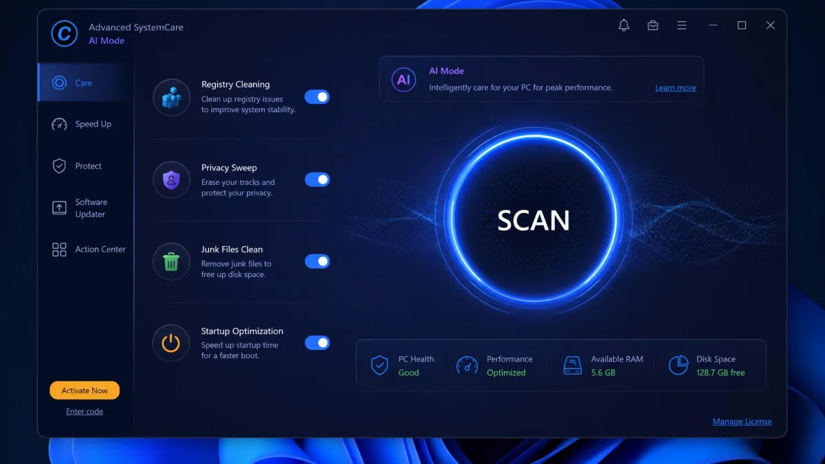 Advanced SystemCare's AI mode dashboard on Windows 11, showing a large circular Scan button in the centre with toggles for registry cleaning, privacy sweep, junk files and startup optimization down the left side.