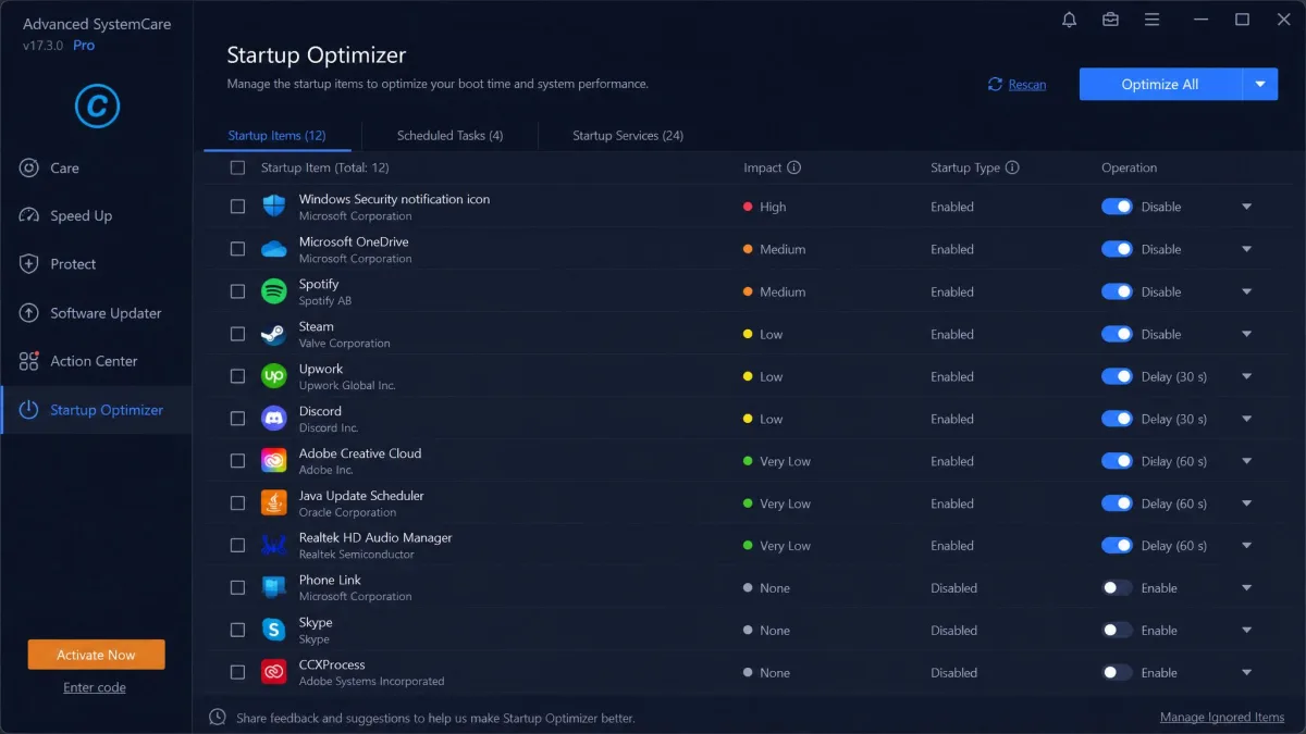 Advanced SystemCare's Startup Optimizer on Windows 11, listing startup programs with impact ratings beside each entry and toggle switches for disabling or delaying them.