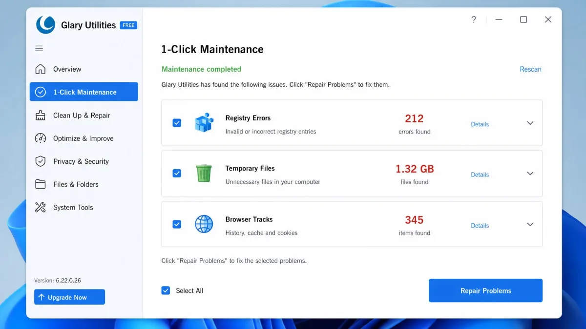 Glary Utilities 1-Click Maintenance results screen on Windows 11, listing registry errors, temporary files and browser tracks found, with checkboxes beside each category and a Repair Problems button at the bottom right.