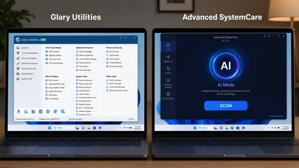 Two Windows 11 laptop screens side by side, the left showing Glary Utilities' dense tool grid and the right showing Advanced SystemCare's single large AI mode scan button, illustrating the difference in interface density.