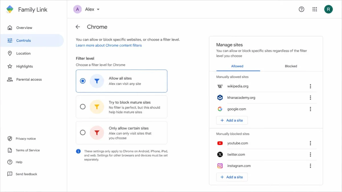 The Family Link Chrome filtering screen showing the three site options alongside a panel of manually allowed and blocked addresses.