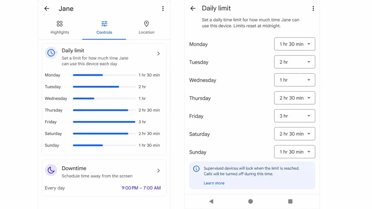The Family Link screen time settings with a different daily limit for each day of the week and Downtime scheduled from 9pm.
