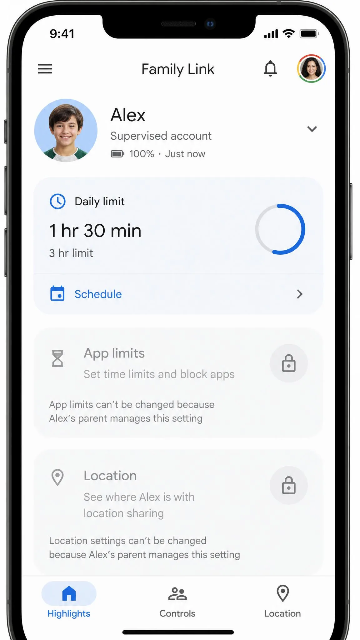 The Family Link parent app on an iPhone showing a supervised child account with app limits and location controls greyed out.