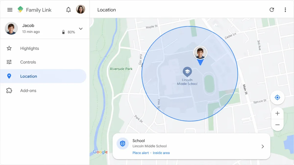 The Family Link Location tab with a child device pinned on a Google map inside a circular place alert drawn around a school.