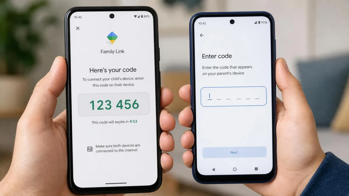 A parent phone showing a Family Link confirmation code beside a child phone displaying the field where the code must be typed.