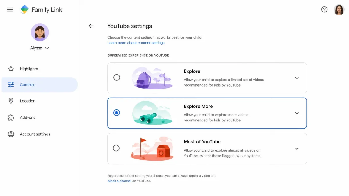 The Family Link YouTube settings showing the three supervised content levels, Explore, Explore More and Most of YouTube.