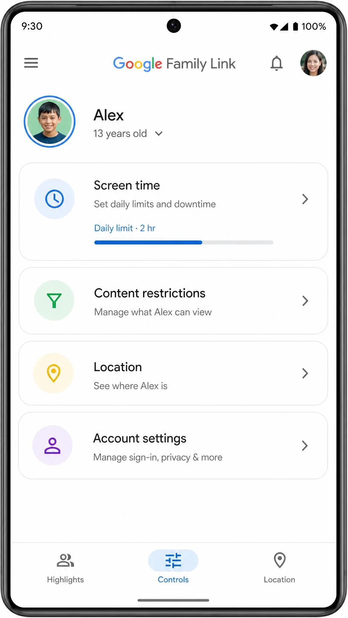 The Google Family Link parent app open on the Controls tab, showing rows for screen time, content restrictions, location and account settings.