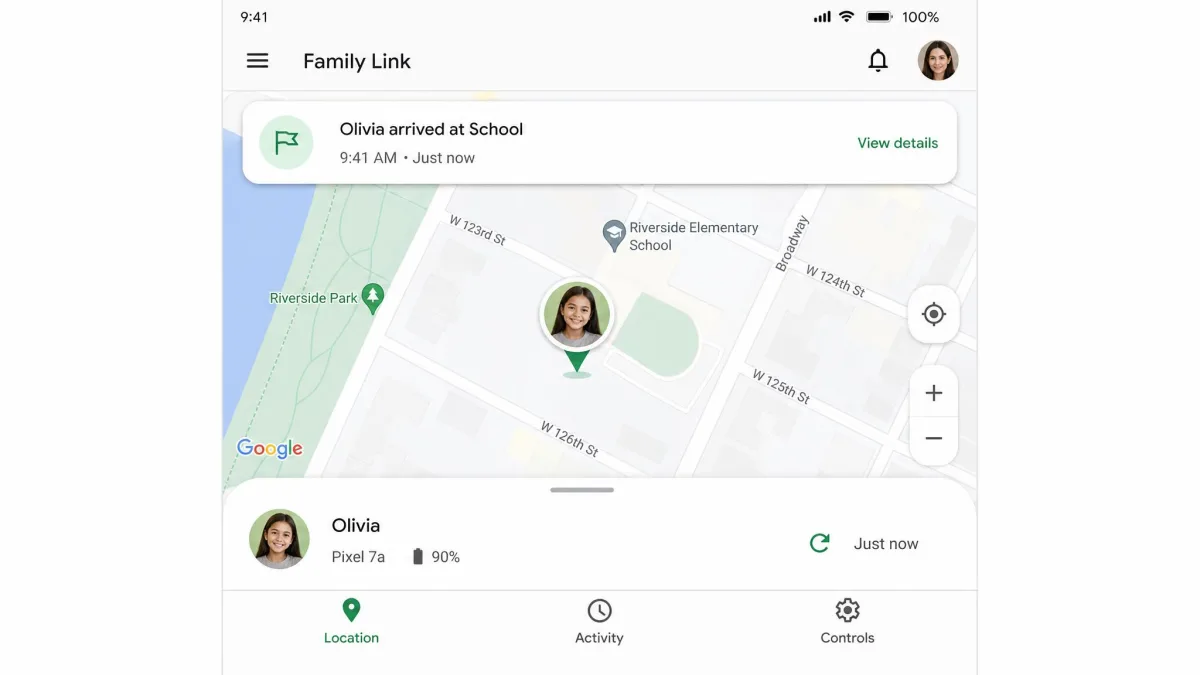 The Google Family Link map view showing a child's phone location pinned on Google Maps with an arrival alert banner at the top of the parent's screen.