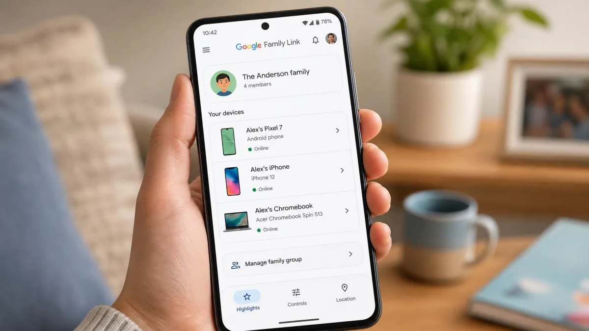 A parent's phone showing the Google Family Link device list with an Android phone, an iPhone, and a Chromebook all linked to one family group.
