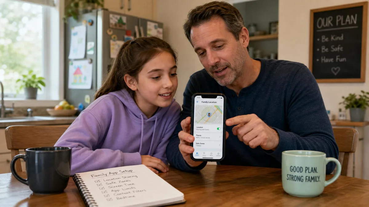A parent and child at a kitchen table looking at a smartphone together, deciding on a family location and parental-control app setup.