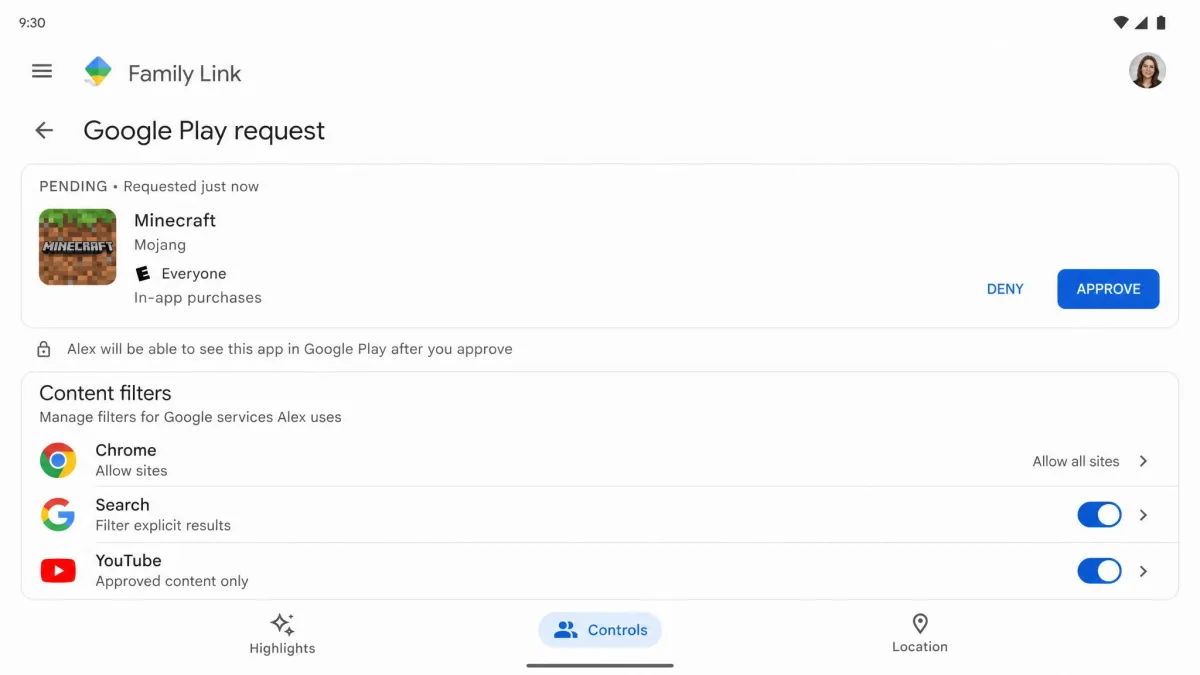 Google Family Link parent screen approving a Play Store app request, with content-filter toggles for Chrome, Search, and YouTube visible below the pending app.