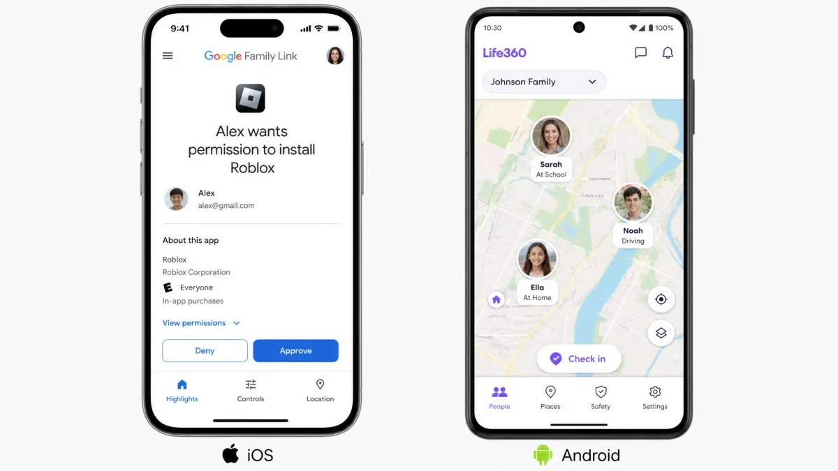 Two smartphones side by side, one showing the Google Family Link app-approval screen and the other showing the Life360 family map, illustrating an iOS and Android comparison.