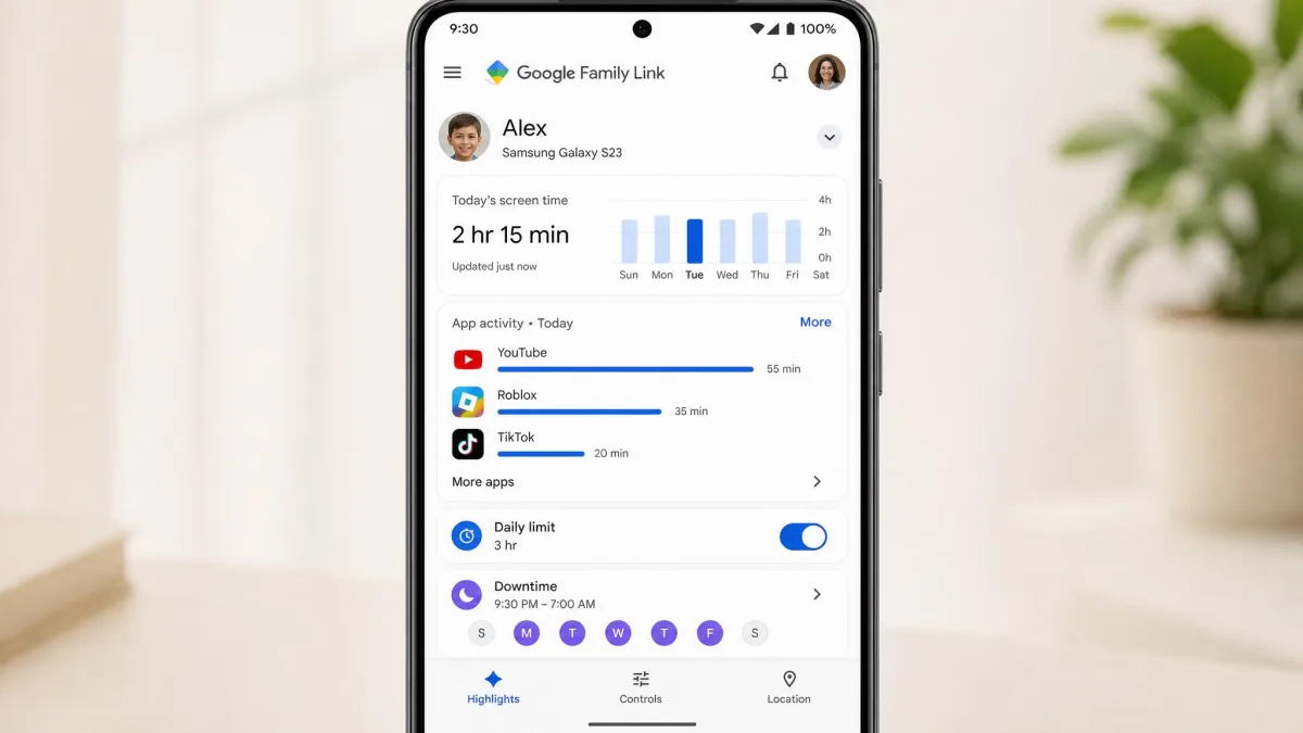 Google Family Link parent dashboard on a phone showing a child's daily screen-time chart, app usage breakdown, and a daily limit toggle with a bedtime Downtime schedule.