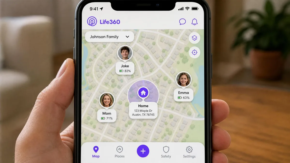 Life360 shared family map on a smartphone showing three family member pins in a residential neighborhood, with names, battery levels, and a place bubble around a home address.