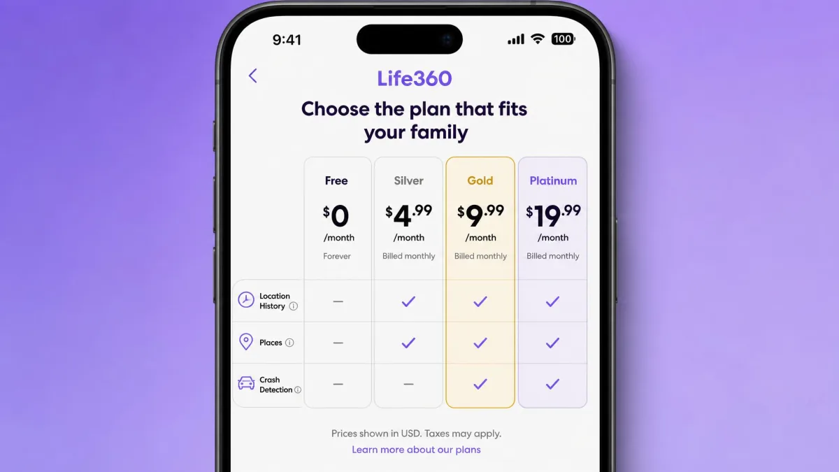 Life360 pricing screen on a phone comparing Free, Silver, Gold, and Platinum tiers, with monthly prices and feature checkmarks for location history, Places, and Crash Detection.