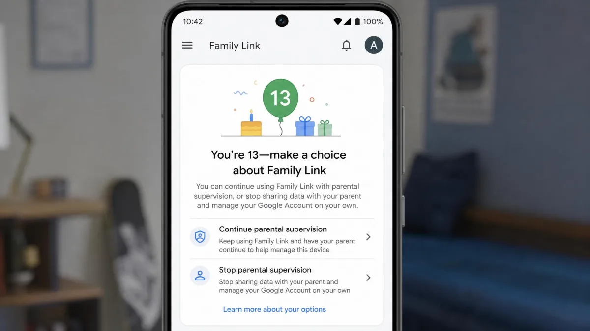 Google Family Link screen on a teen's phone showing the age-13 notice explaining the child can now choose to stop parental supervision.