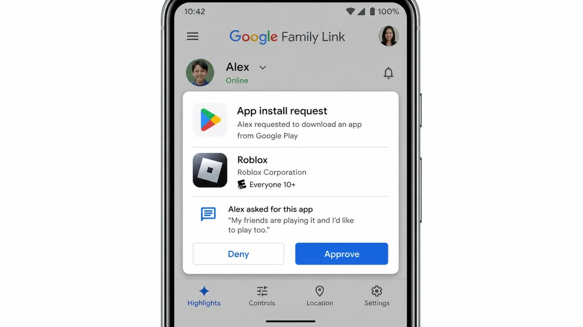 Google Family Link parent app showing an app-install approval prompt with Approve and Deny buttons for a Google Play download requested by a child.