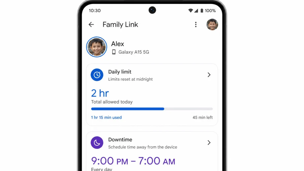 Google Family Link daily screen-time limit screen on an Android phone showing a two-hour cap and a downtime schedule for a young child.
