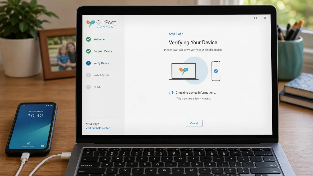 A laptop running OurPact Connect with a child's phone plugged in by USB cable, mid-way through the multi-step setup process.