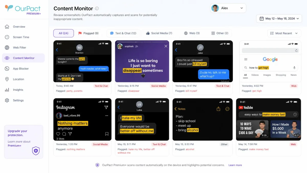 OurPact Premium+ content monitor showing a grid of automated screenshots captured from a child's phone with problematic keywords highlighted.