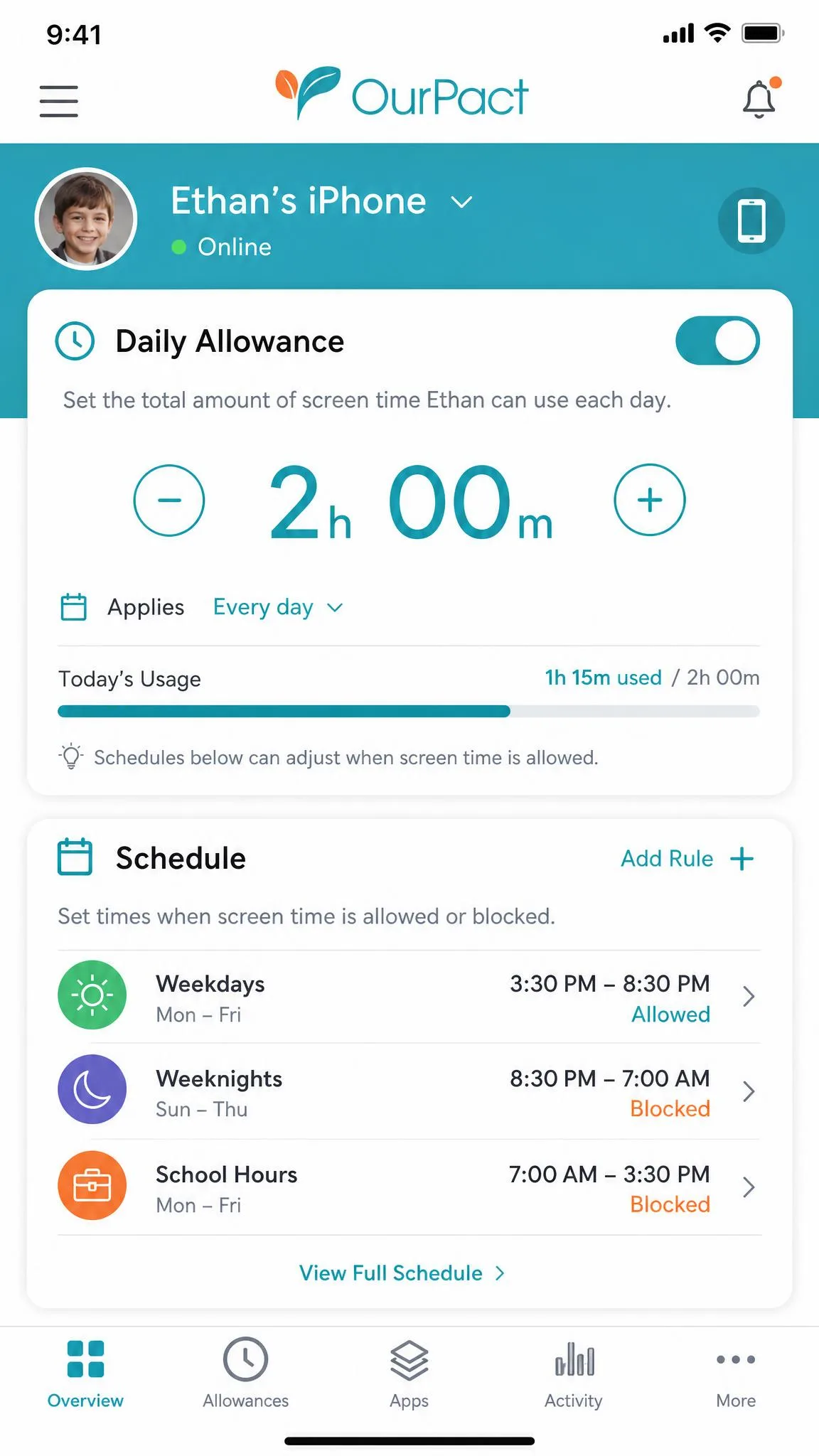 OurPact parent app screen showing the screen-time allowance controls with a daily time block and schedule rules for a child device.