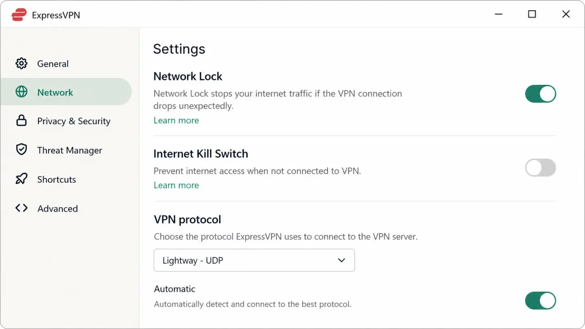 ExpressVPN's desktop settings screen with the Network Lock kill switch toggled on and the Lightway protocol selected in the protocol list.